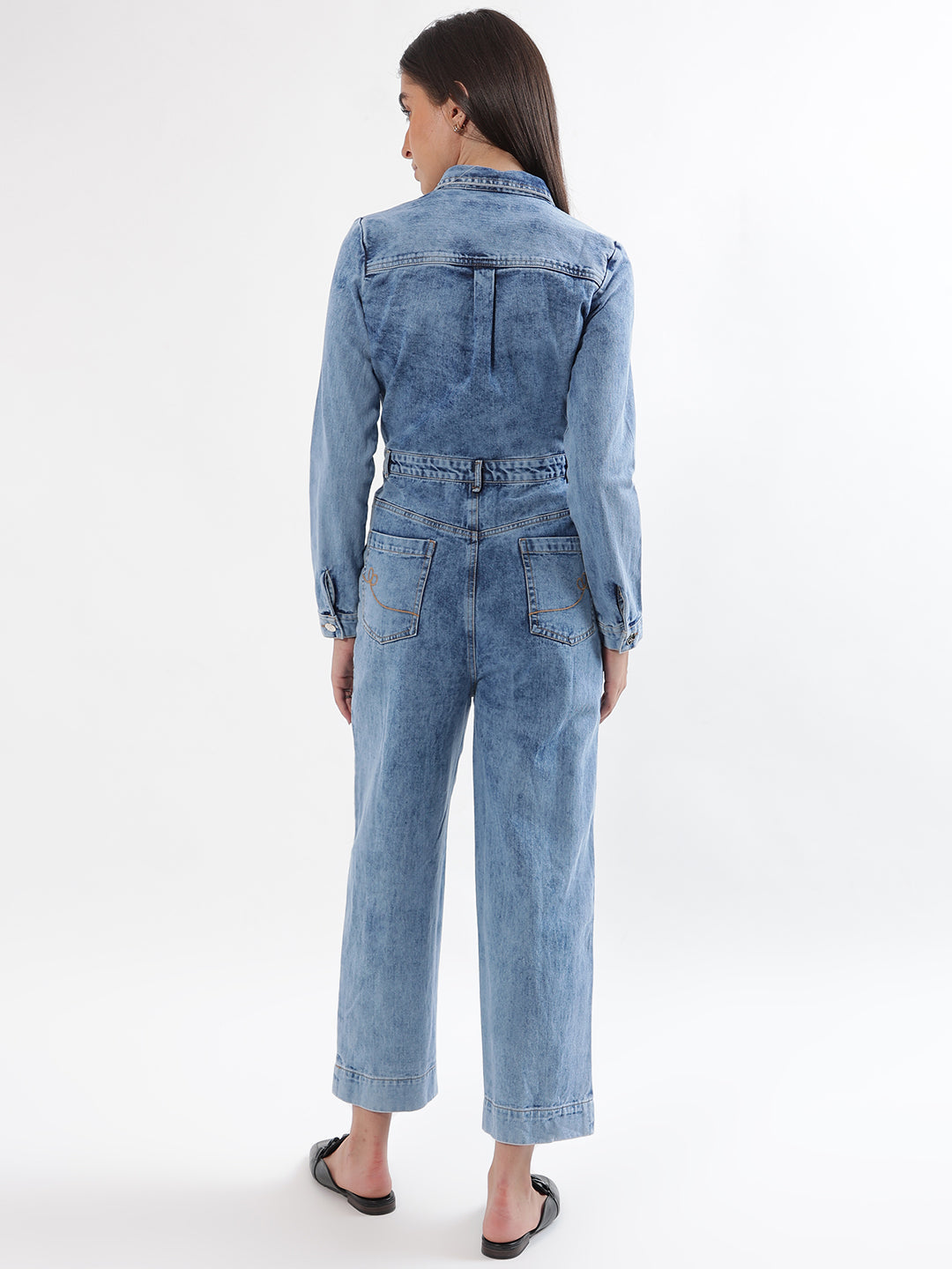 Elle Women Blue Washed Spread Collar Full Sleeves Basic Jumpsuit