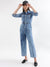 Elle Women Blue Washed Spread Collar Full Sleeves Basic Jumpsuit