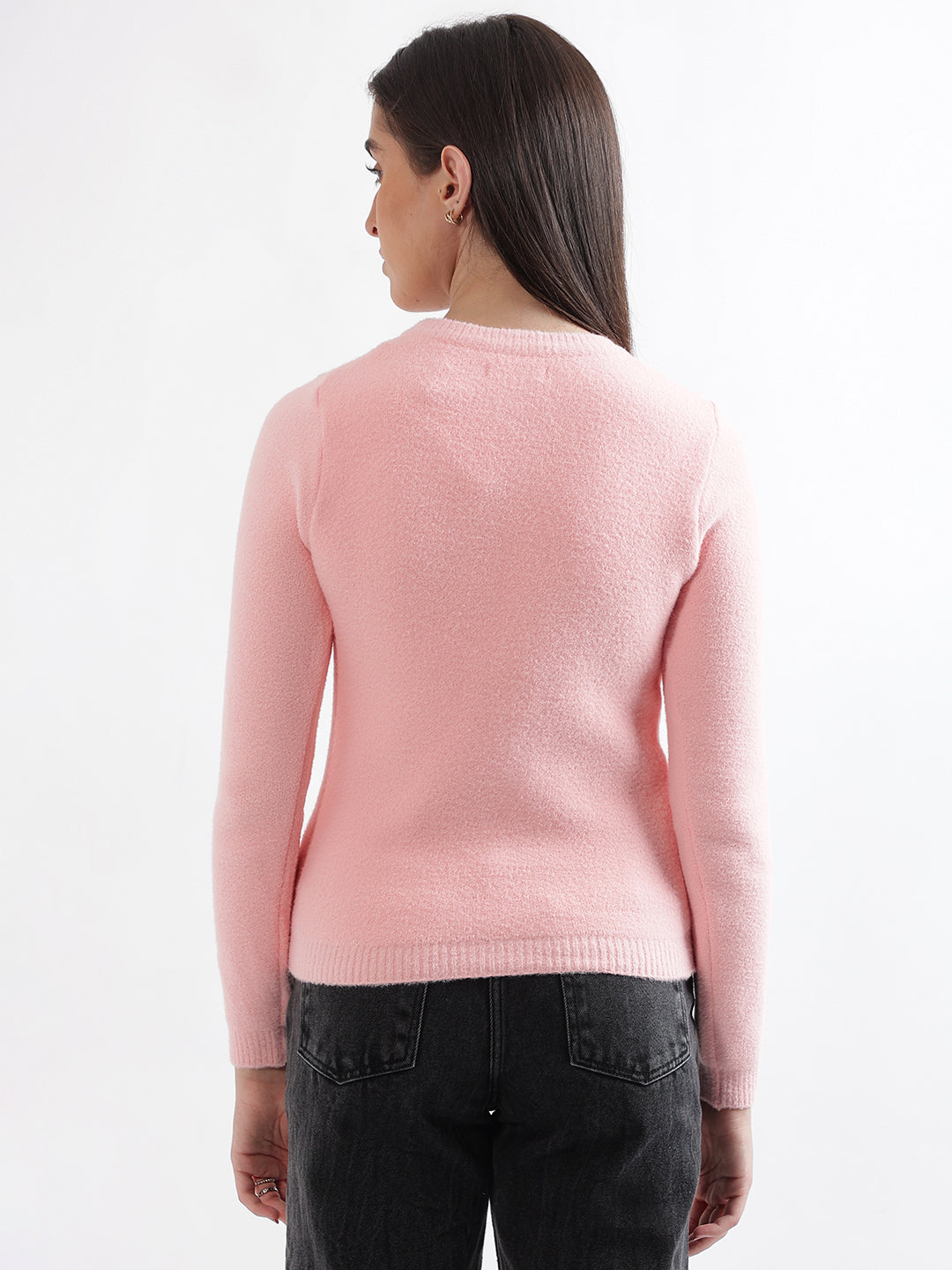 Elle Women Pink Solid Round Neck Full Sleeves Pullover Style Sweater