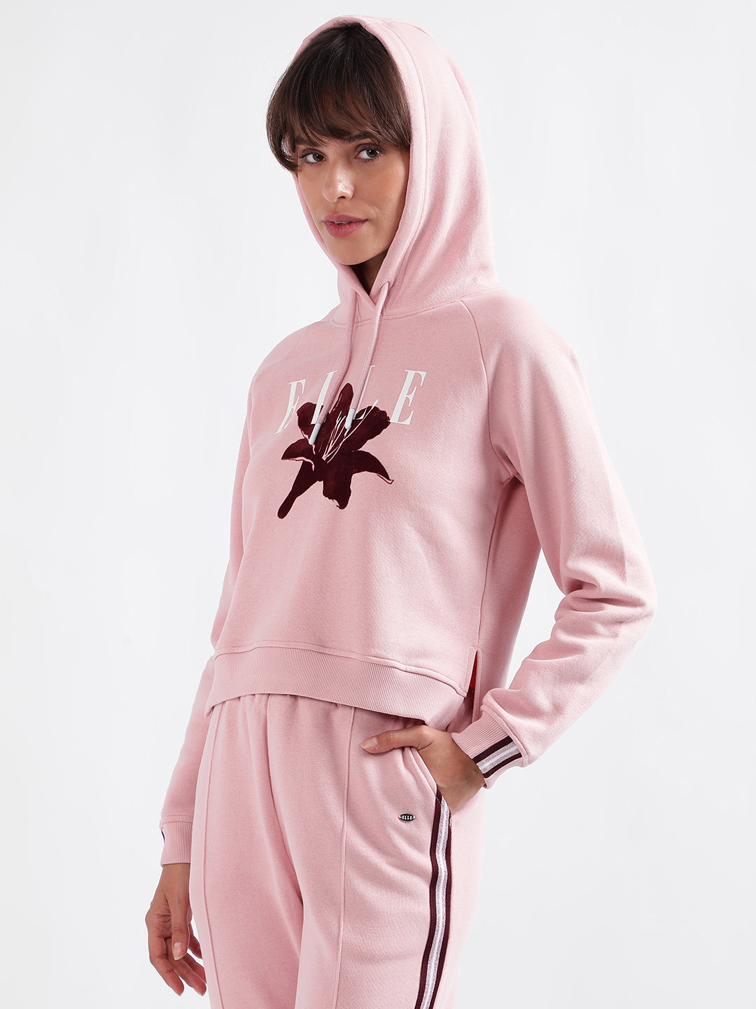 Elle Women Pink Printed Hooded Full Sleeves Pullover Style Sweatshirt