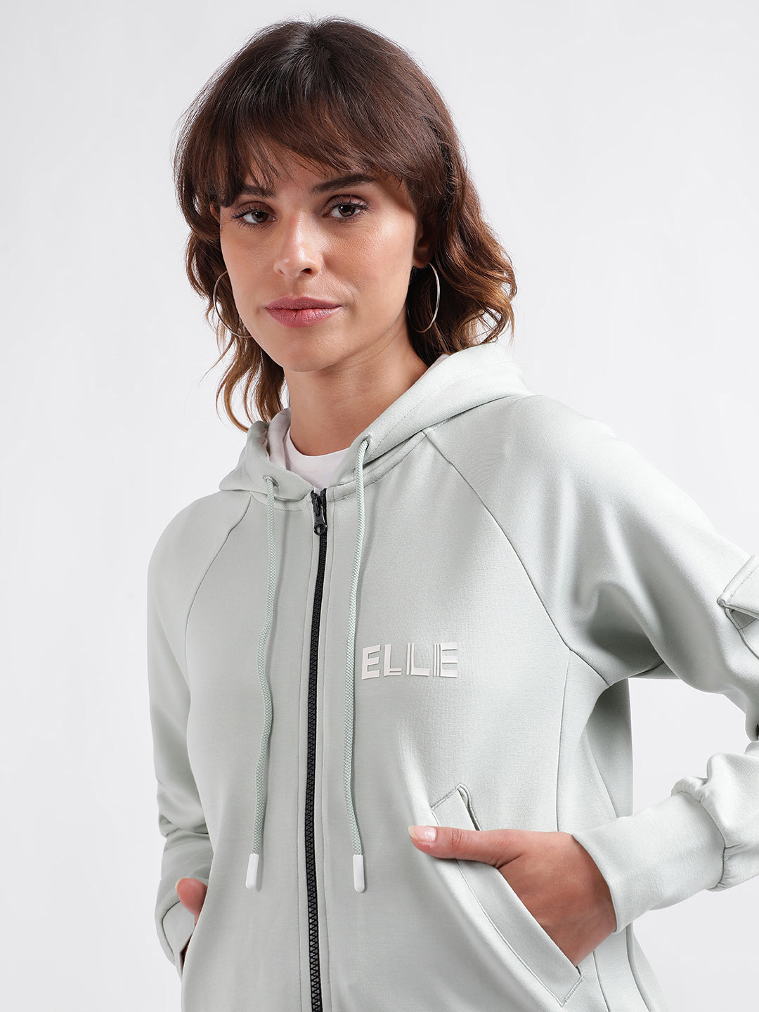 Elle Women Green Solid Hooded Full Sleeves Zip Through Hoodie