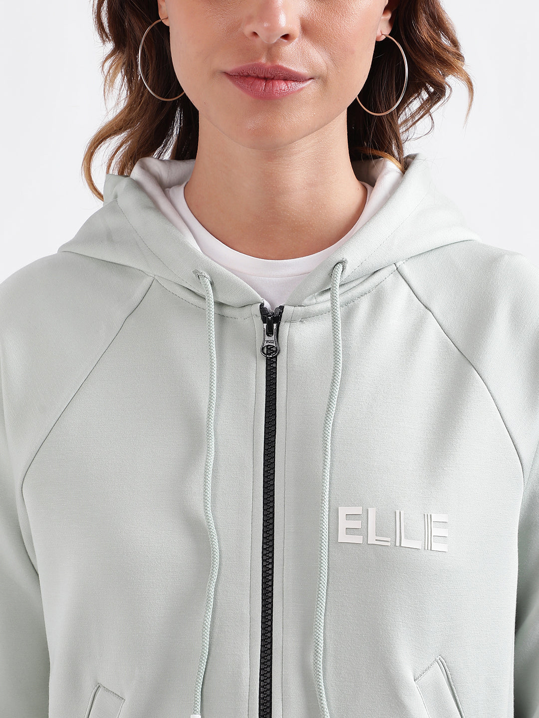 Elle Women Green Solid Hooded Full Sleeves Zip Through Hoodie