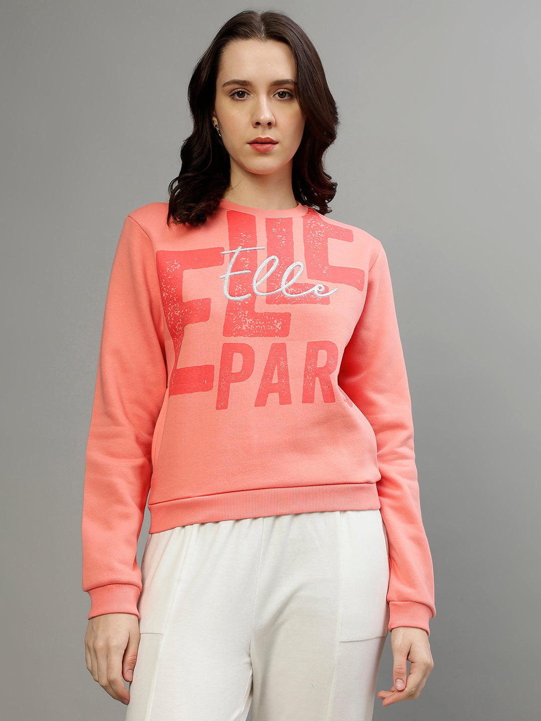 Elle Women Coral Printed Round Neck Full Sleeves Pullover Style Sweatshirt