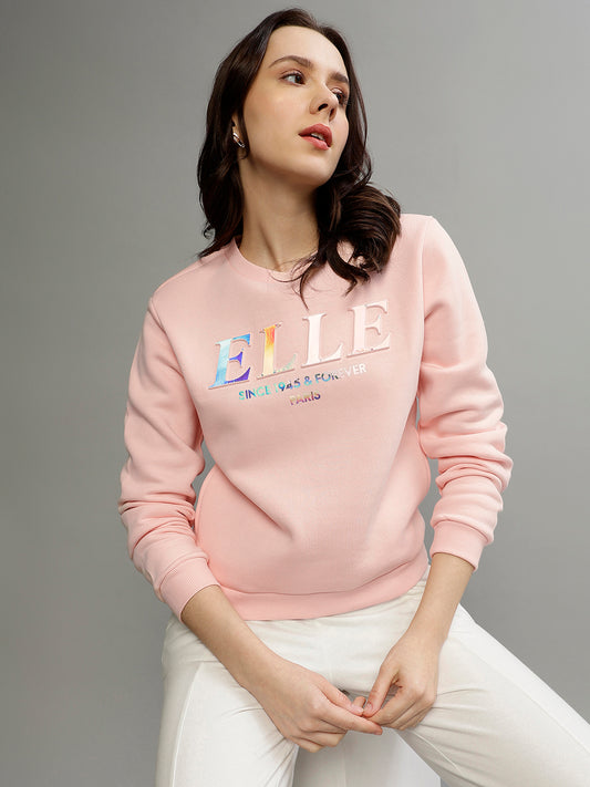 Elle Women Pink Solid Round Neck Full Sleeves Pullover Style Sweatshirt