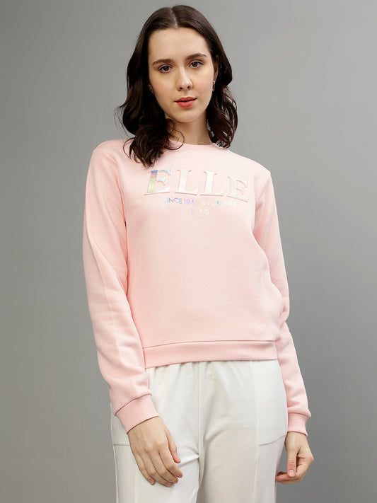 Elle Women Pink Solid Round Neck Full Sleeves Pullover Style Sweatshirt