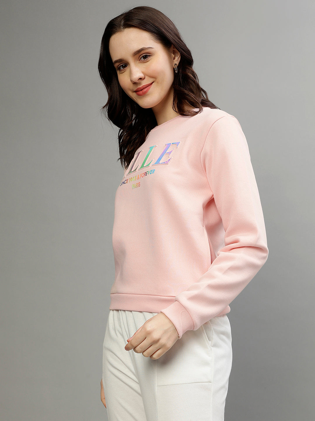 Elle Women Pink Solid Round Neck Full Sleeves Pullover Style Sweatshirt