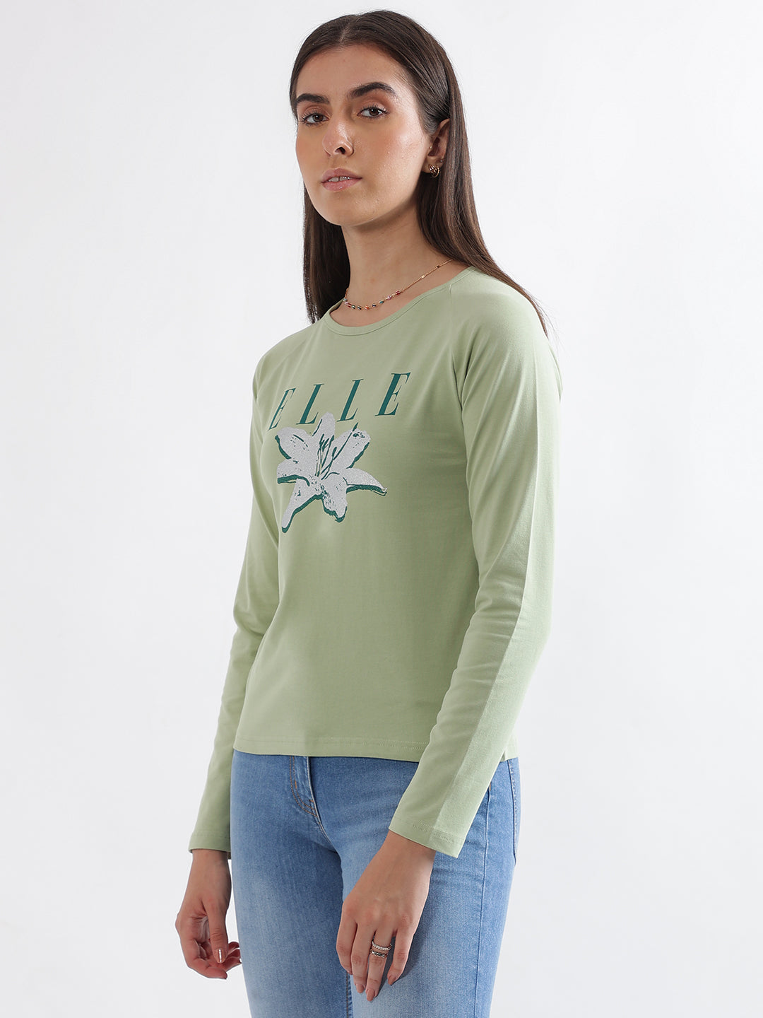 Elle Women Green Printed Round Neck Full Sleeves T-Shirt