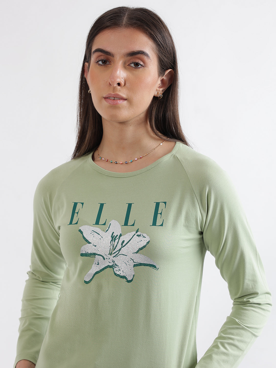 Elle Women Green Printed Round Neck Full Sleeves T-Shirt