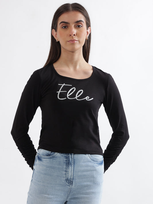 Elle Women Black Solid Round Neck Full Sleeves Top