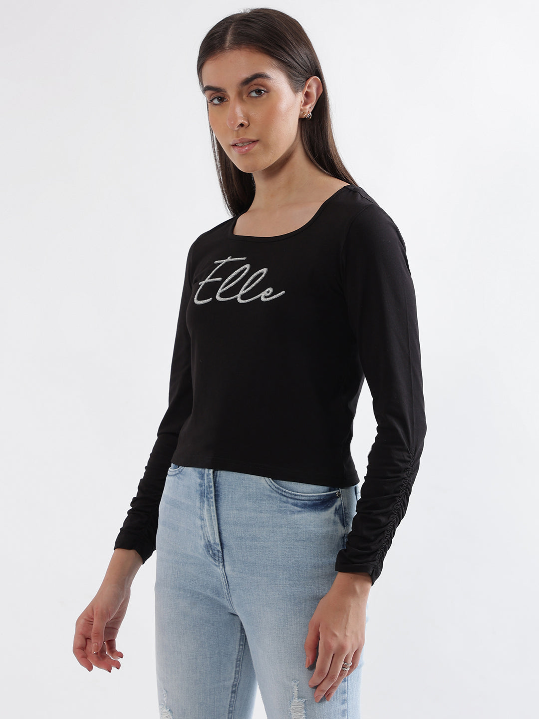 Elle Women Black Solid Round Neck Full Sleeves Top