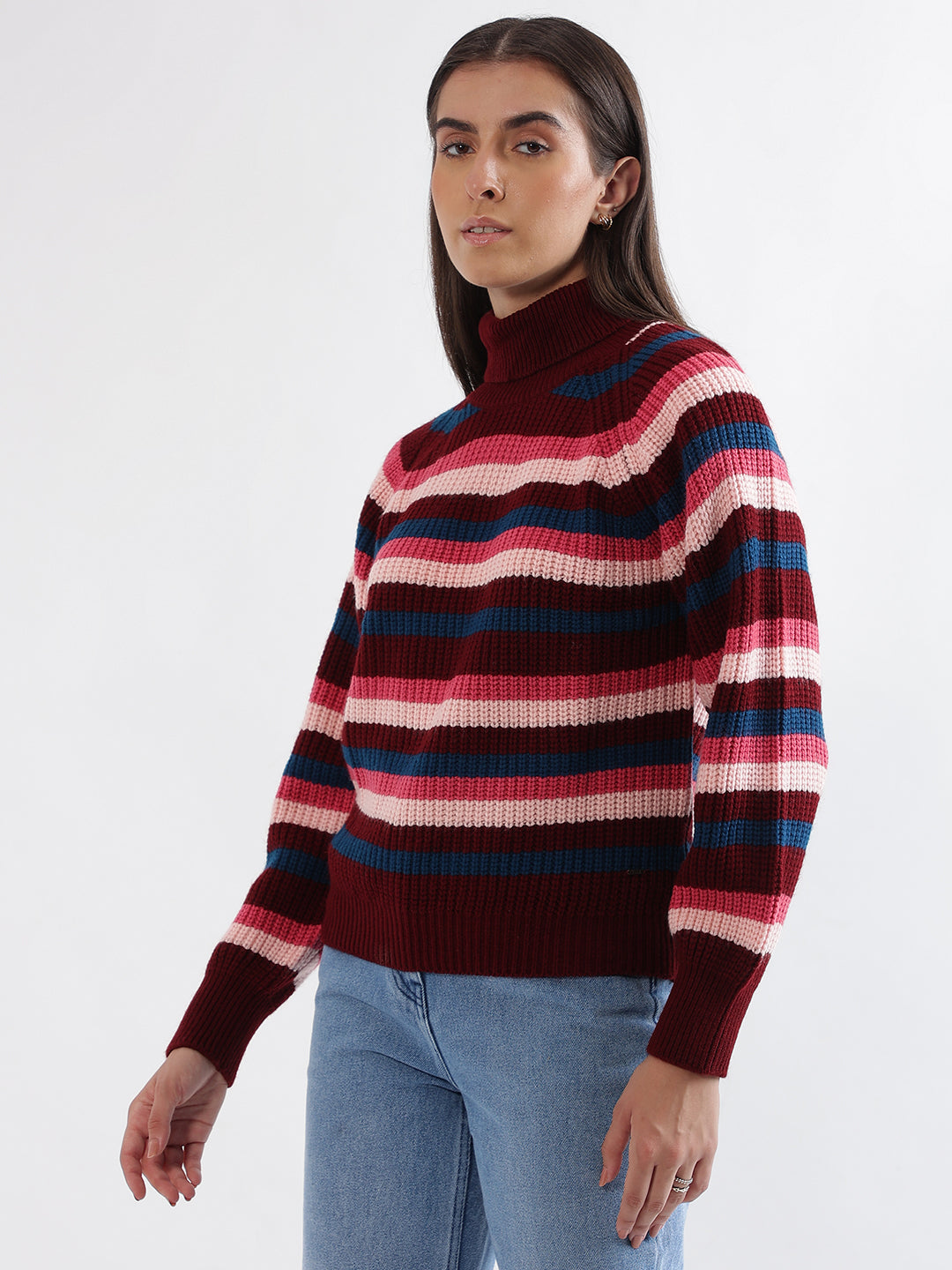 Elle Women Multi-Color Striped Turtle Neck Full Sleeves Pullover Style Sweater