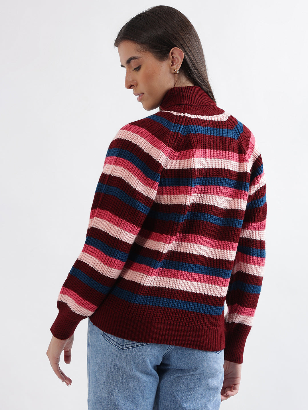 Elle Women Multi-Color Striped Turtle Neck Full Sleeves Pullover Style Sweater