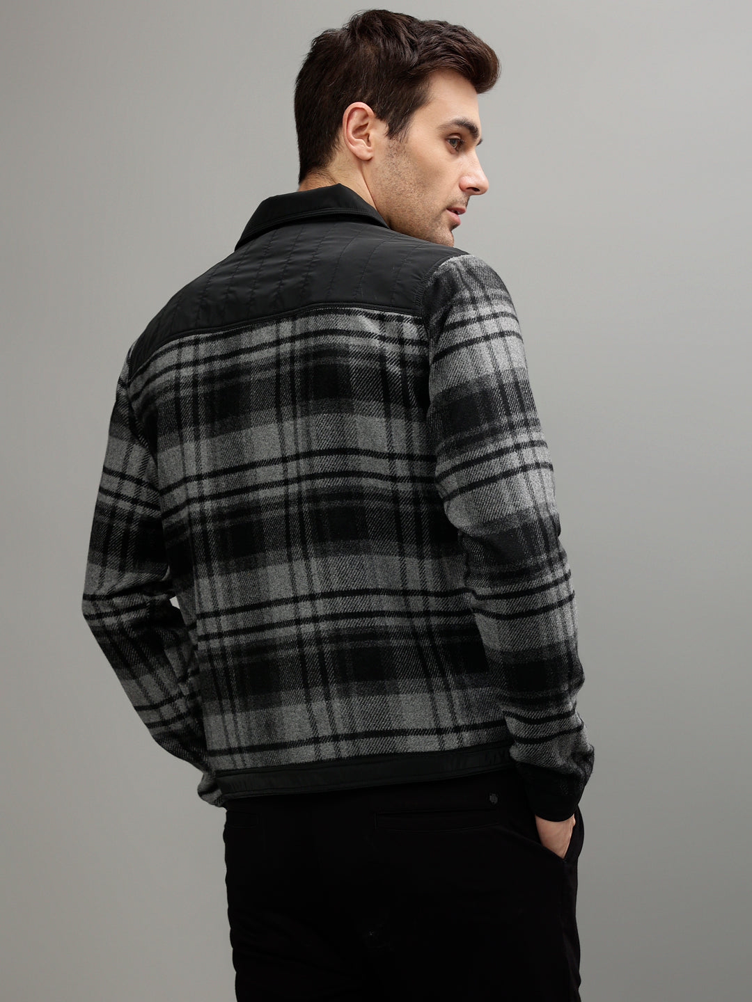 Iconic Men Black Checked Spread Collar Full Sleeves Jacket