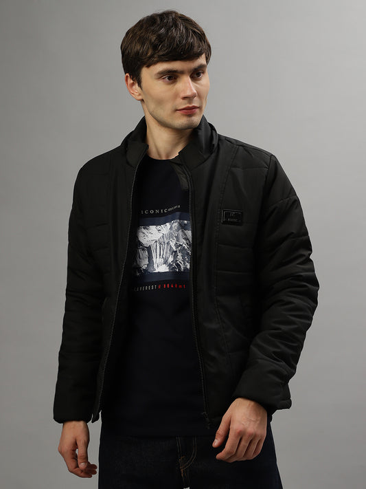 Iconic Men Black Solid Hooded Full Sleeves Jacket