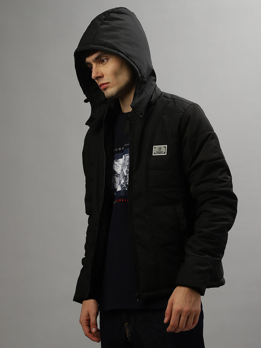 Iconic Men Black Solid Hooded Full Sleeves Jacket