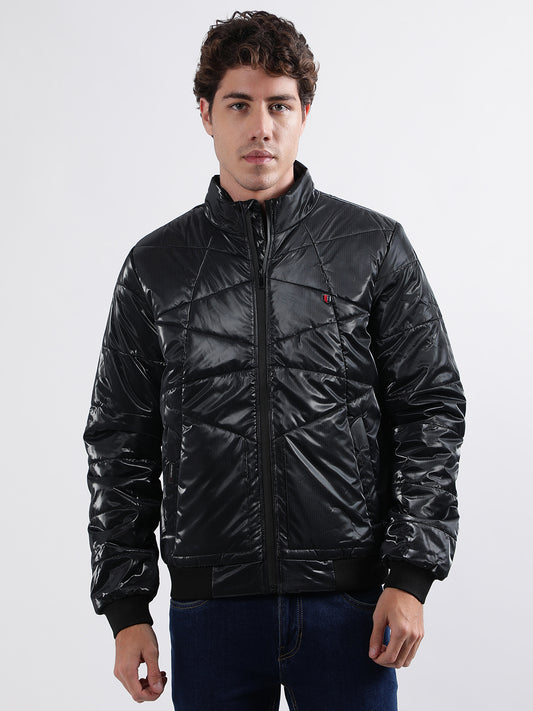 Iconic Men Black Solid Stand Collar Full Sleeves Quilted Jacket