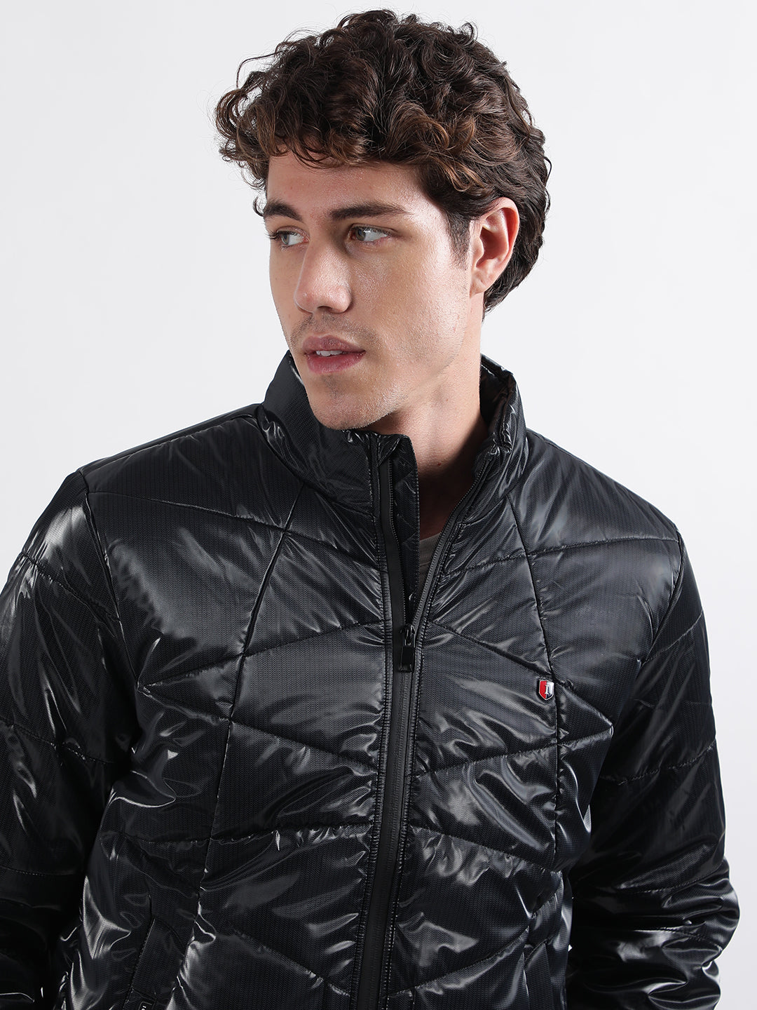 Iconic Men Black Solid Stand Collar Full Sleeves Quilted Jacket