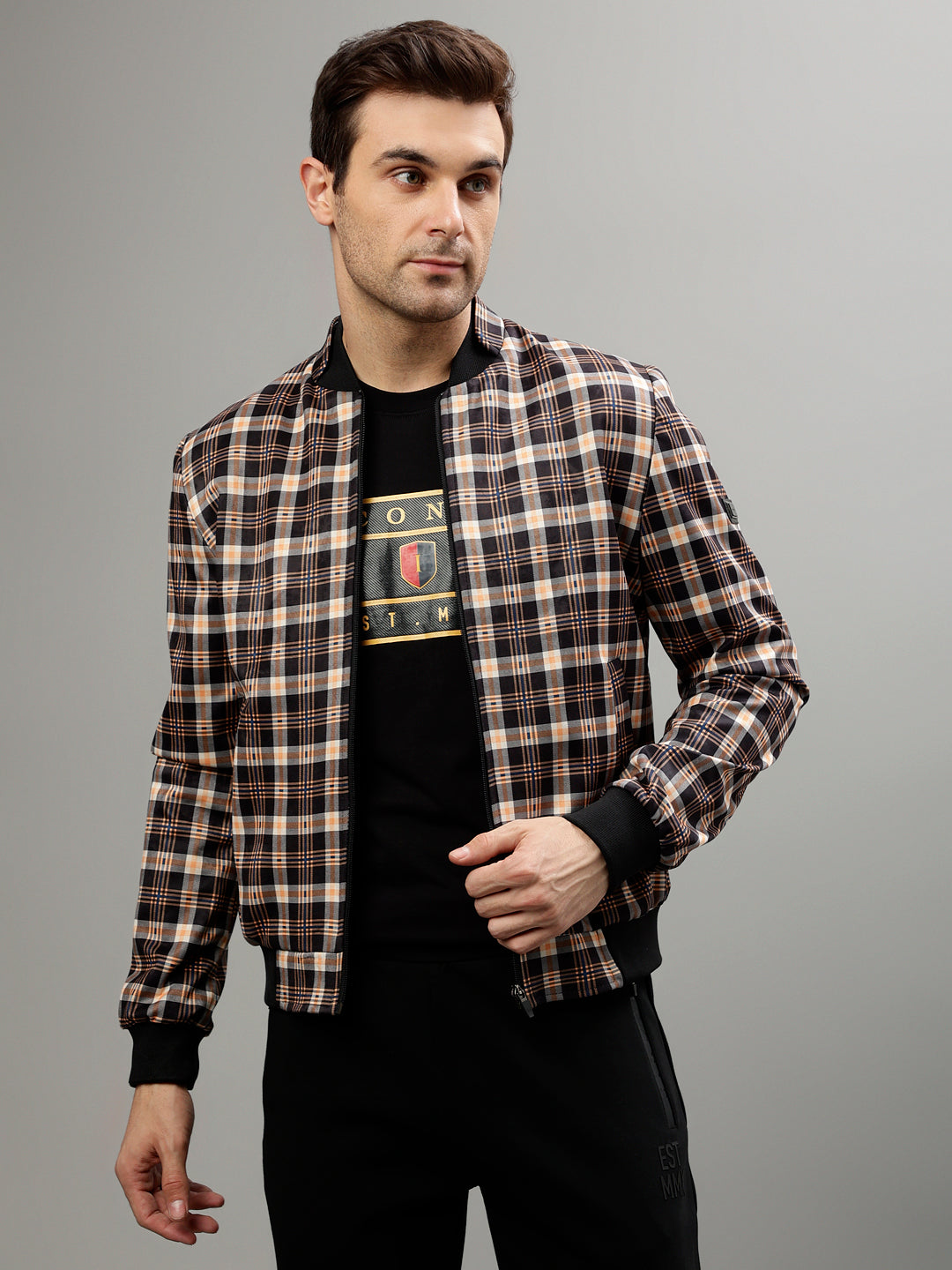 Iconic Men Multicolor Checked Mandarin Collar Full Sleeves Jacket