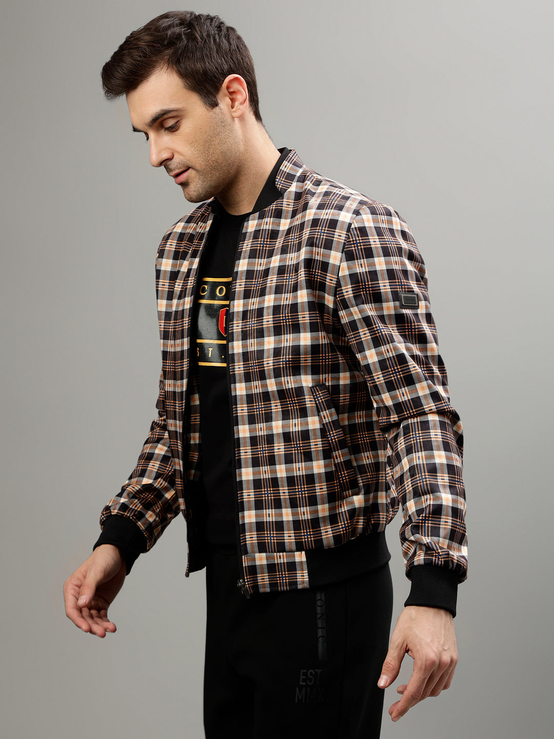 Iconic Men Multicolor Checked Mandarin Collar Full Sleeves Jacket