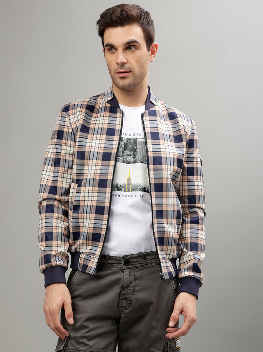 Iconic Men Multicolor Checked Mandarin Collar Full Sleeves Jacket