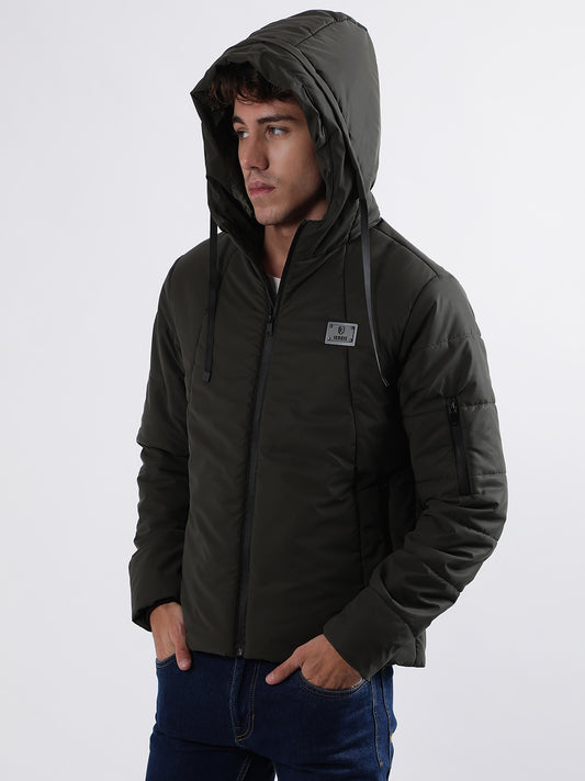 Iconic Men Green Solid Hooded Full Sleeves Puffer Jacket