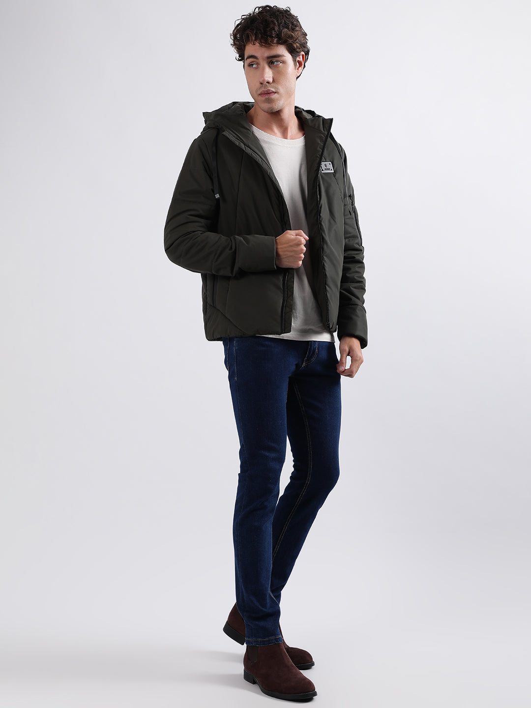 Iconic Men Green Solid Hooded Full Sleeves Puffer Jacket