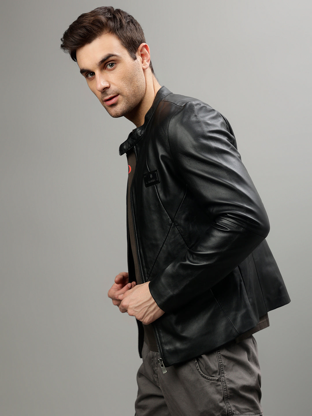 Iconic Men Black Solid Band Collar Full Sleeves Jacket