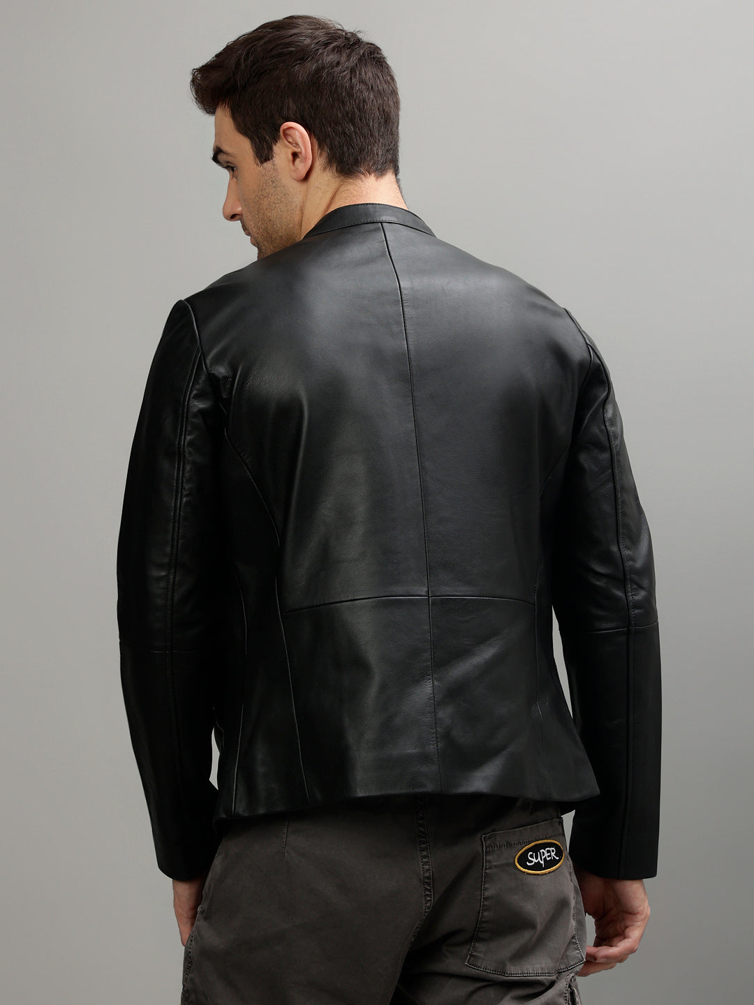 Iconic Men Black Solid Band Collar Full Sleeves Jacket