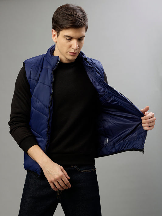 Iconic Men Blue Solid Stand Collar Sleeveless Jacket