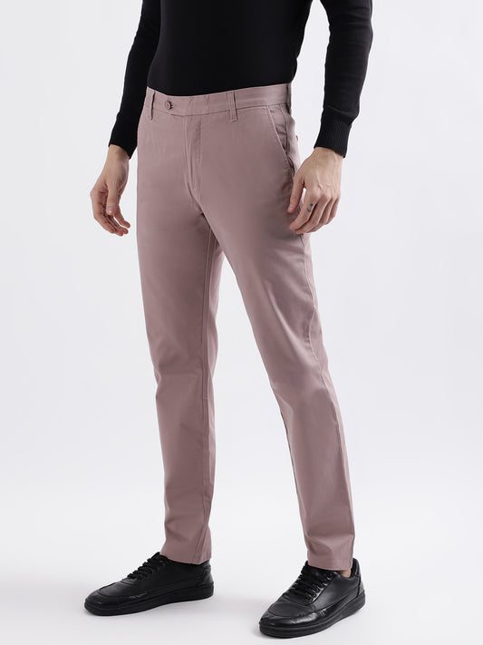 Iconic Men Pink Solid Slim Fit Mid-Rise Trouser