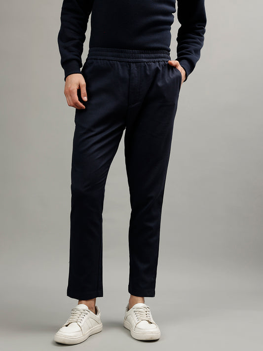 Iconic Men Navy Blue Solid Slim Fit Mid-Rise Casual Trouser