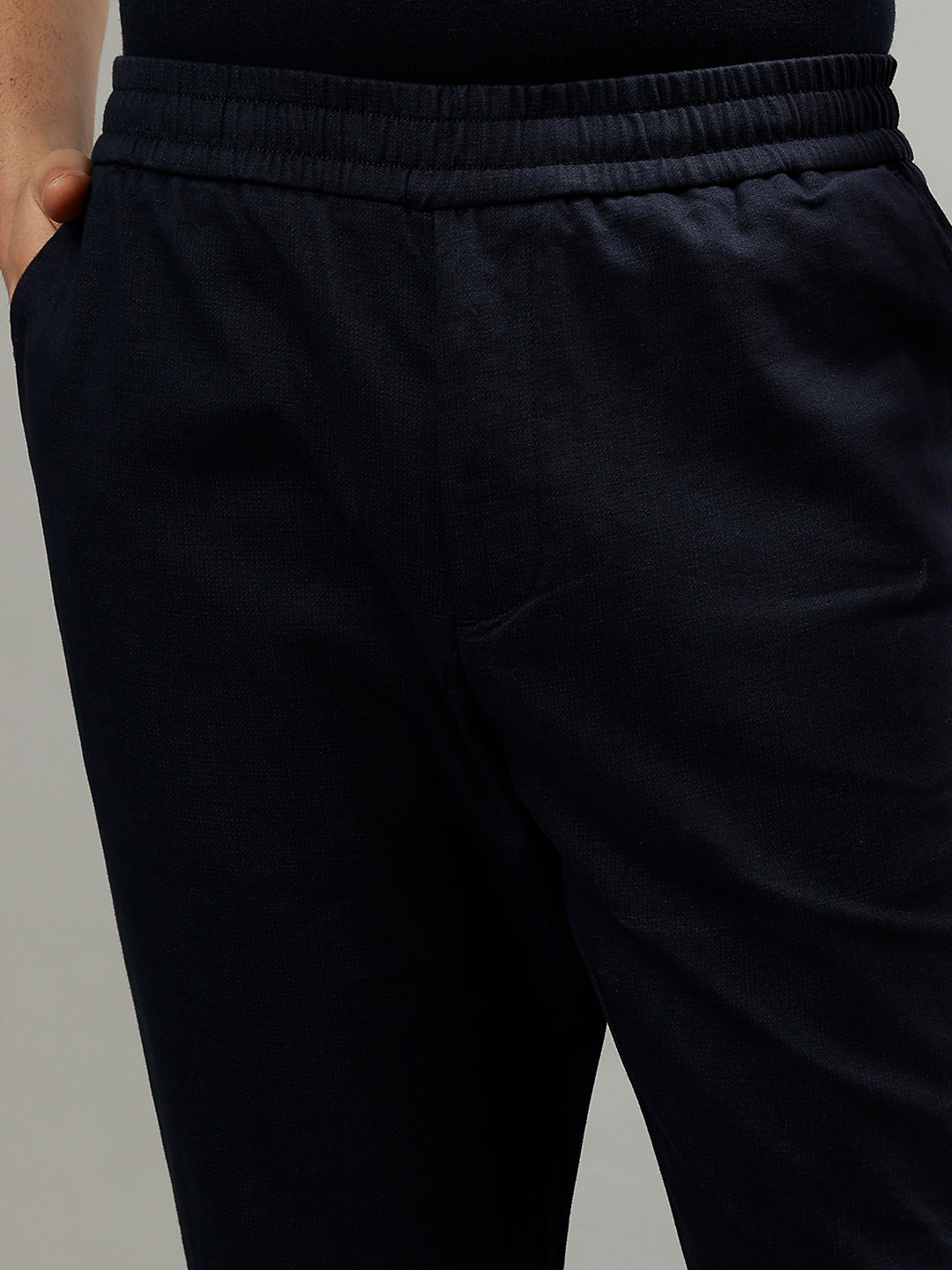 Iconic Men Navy Blue Solid Slim Fit Mid-Rise Casual Trouser