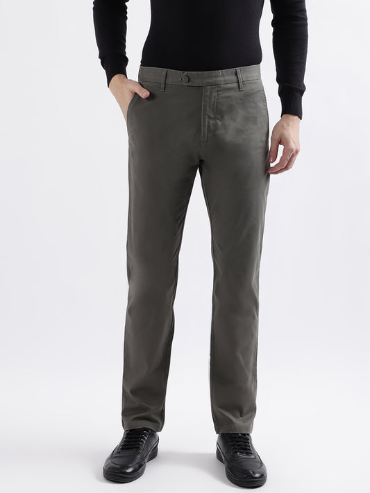 Iconic Men Green Solid Slim Fit Mid-Rise Trouser