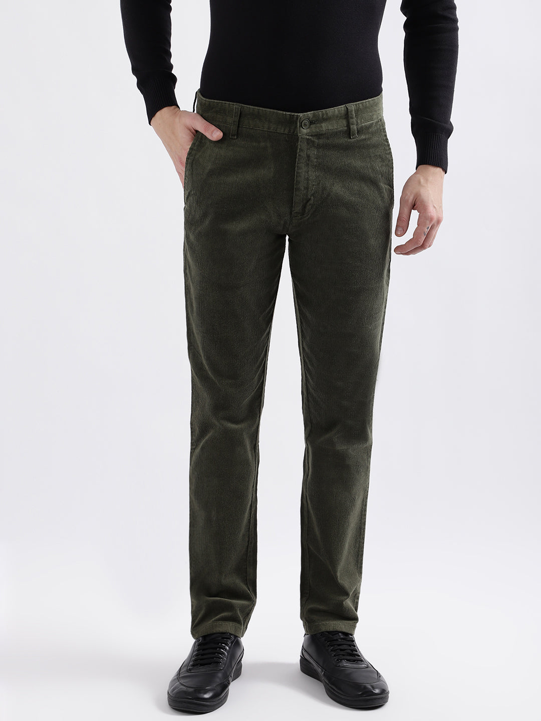 Iconic Men Green Solid Slim Fit Mid-Rise Trouser