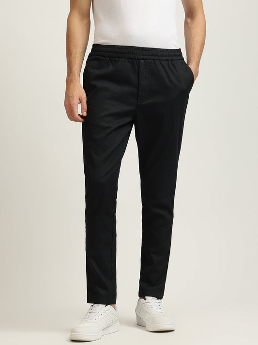 Iconic Men Black Solid Slim Fit Mid-Rise Flat-Front Trouser