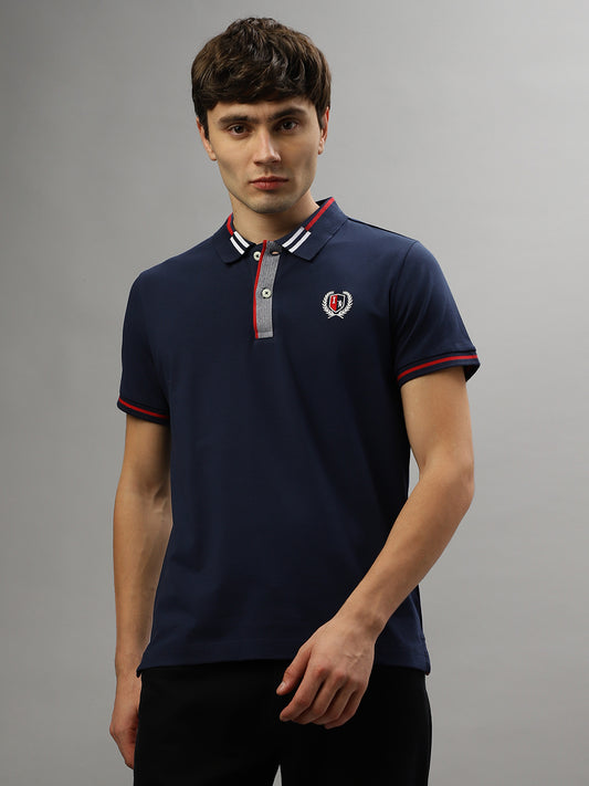 Iconic Men Navy Blue Solid Polo Collar Short Sleeves T-Shirt