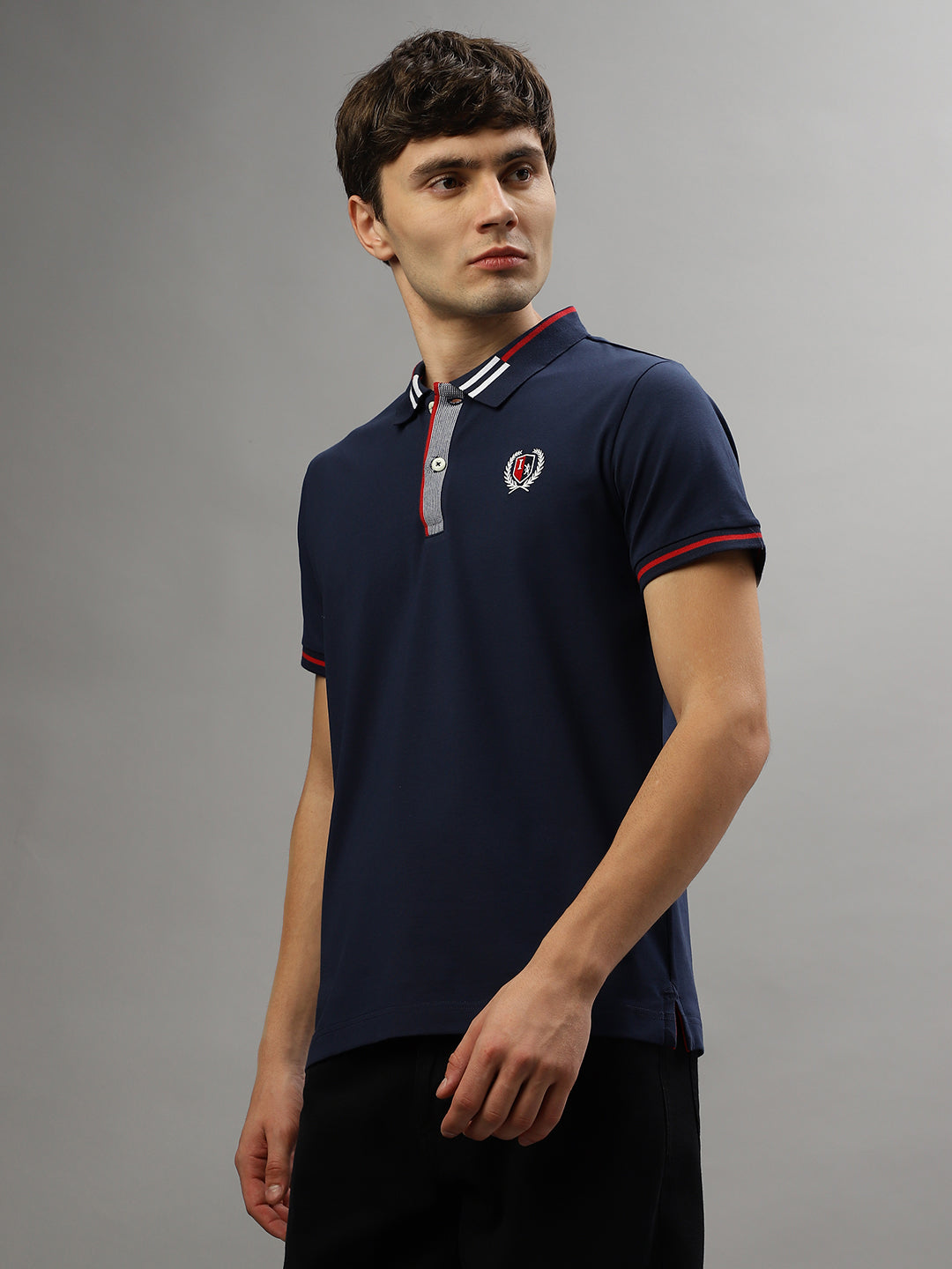 Iconic Men Navy Blue Solid Polo Collar Short Sleeves T-Shirt