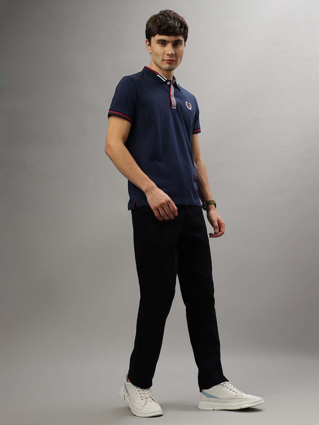 Iconic Men Navy Blue Solid Polo Collar Short Sleeves T-Shirt