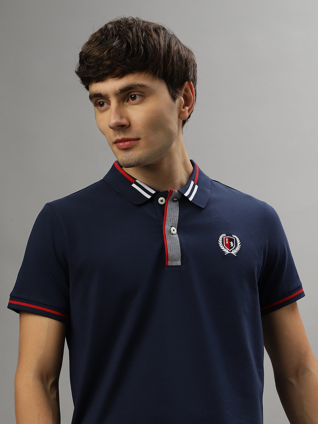 Iconic Men Navy Blue Solid Polo Collar Short Sleeves T-Shirt