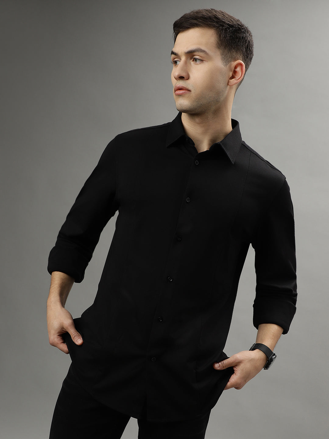 Iconic Men Black Solid Spread Collar Full Sleeves Shirt