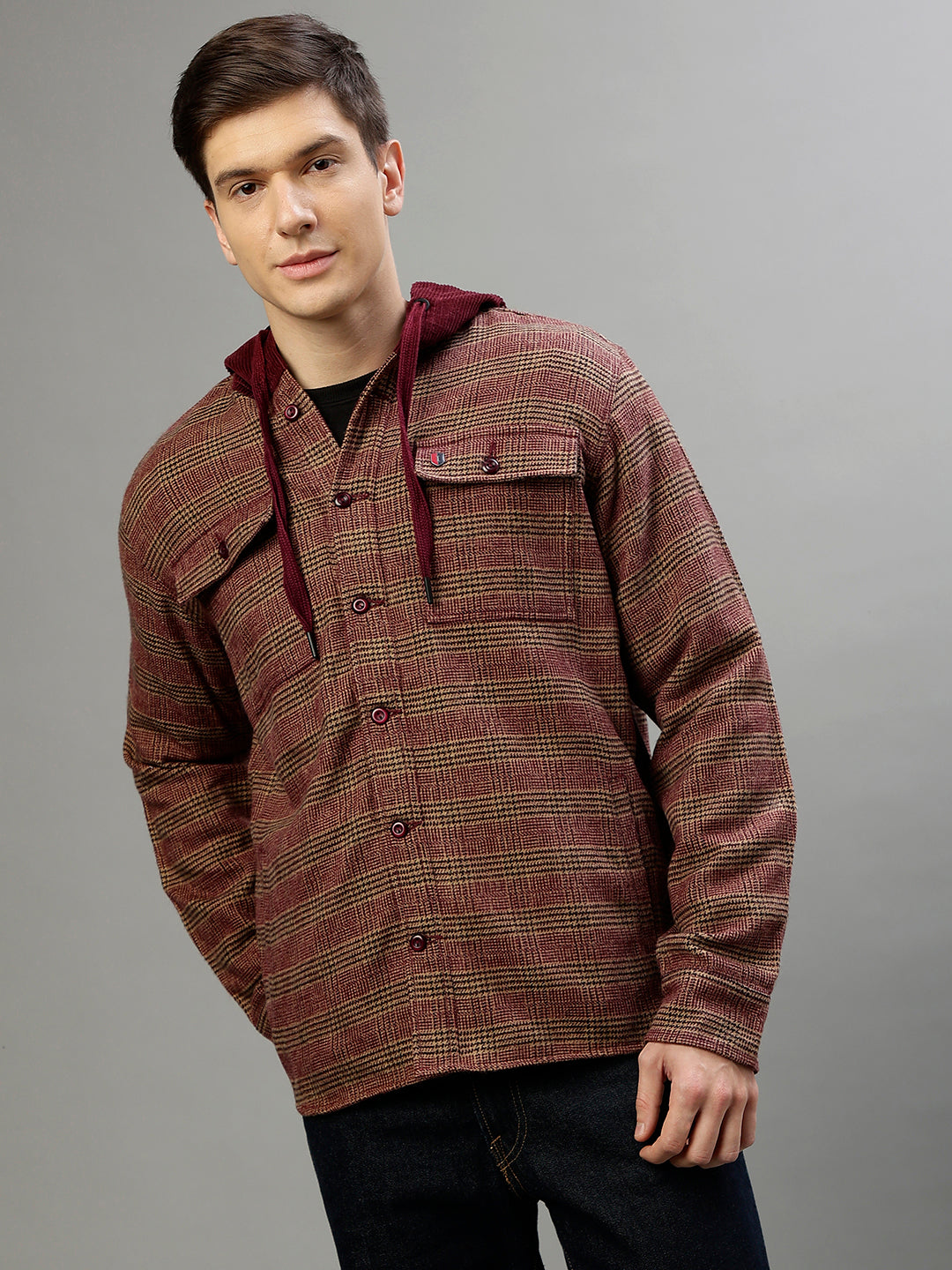 Iconic Men Red Striped Hooded Full Sleeves Shirt