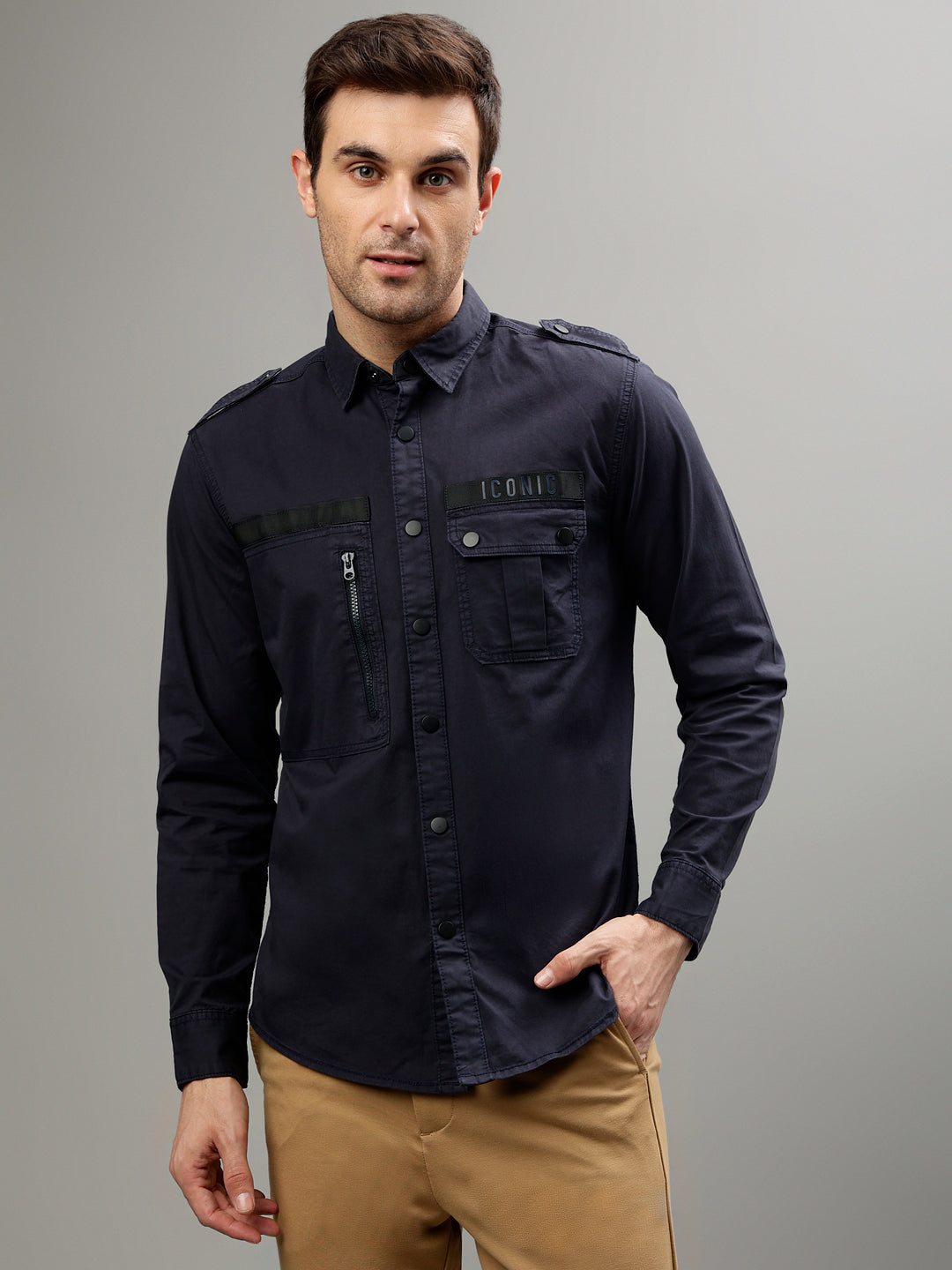 Iconic Men Navy Blue Solid Spread Collar Full Sleeves Shirt