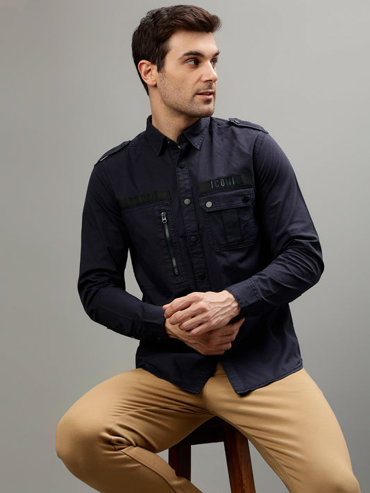 Iconic Men Navy Blue Solid Spread Collar Full Sleeves Shirt