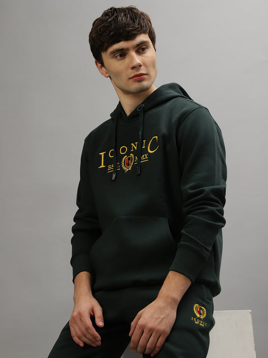 Iconic Men Green Solid Hooded Full Sleeves Sweatshirt