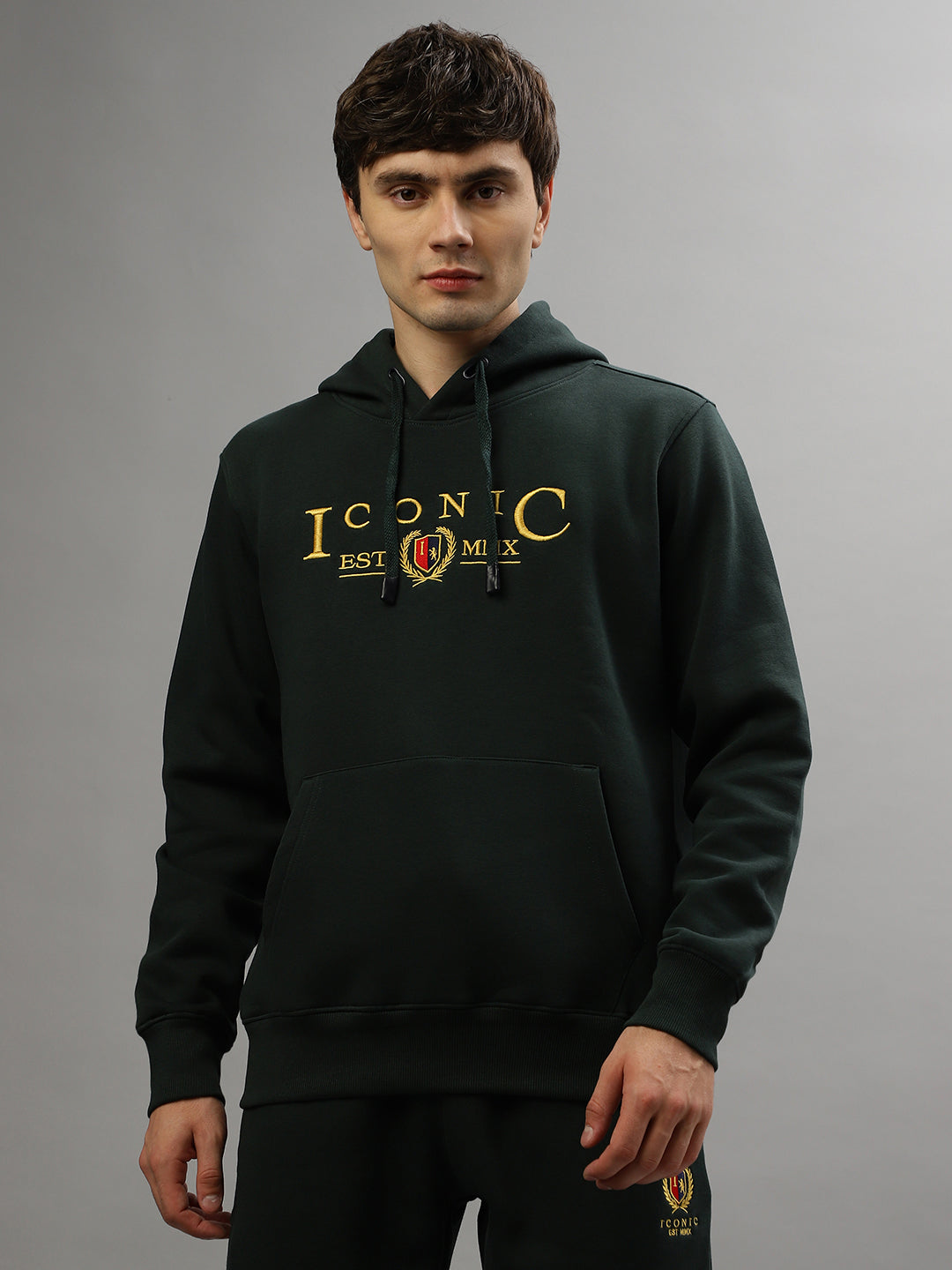 Iconic Men Green Solid Hooded Full Sleeves Sweatshirt