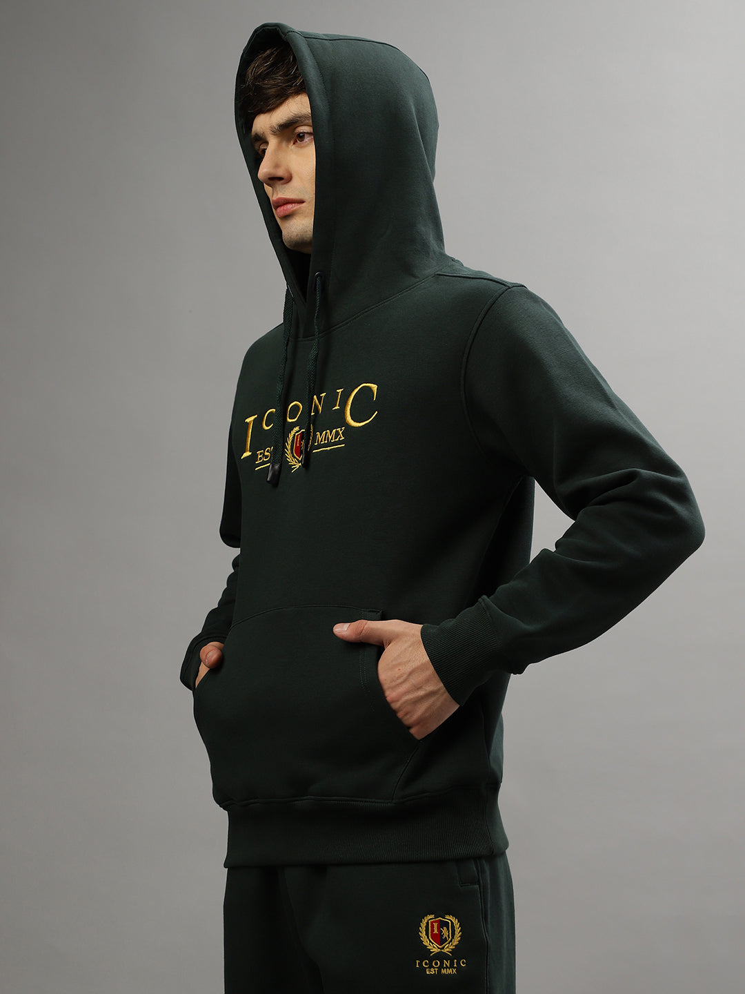 Iconic Men Green Solid Hooded Full Sleeves Sweatshirt