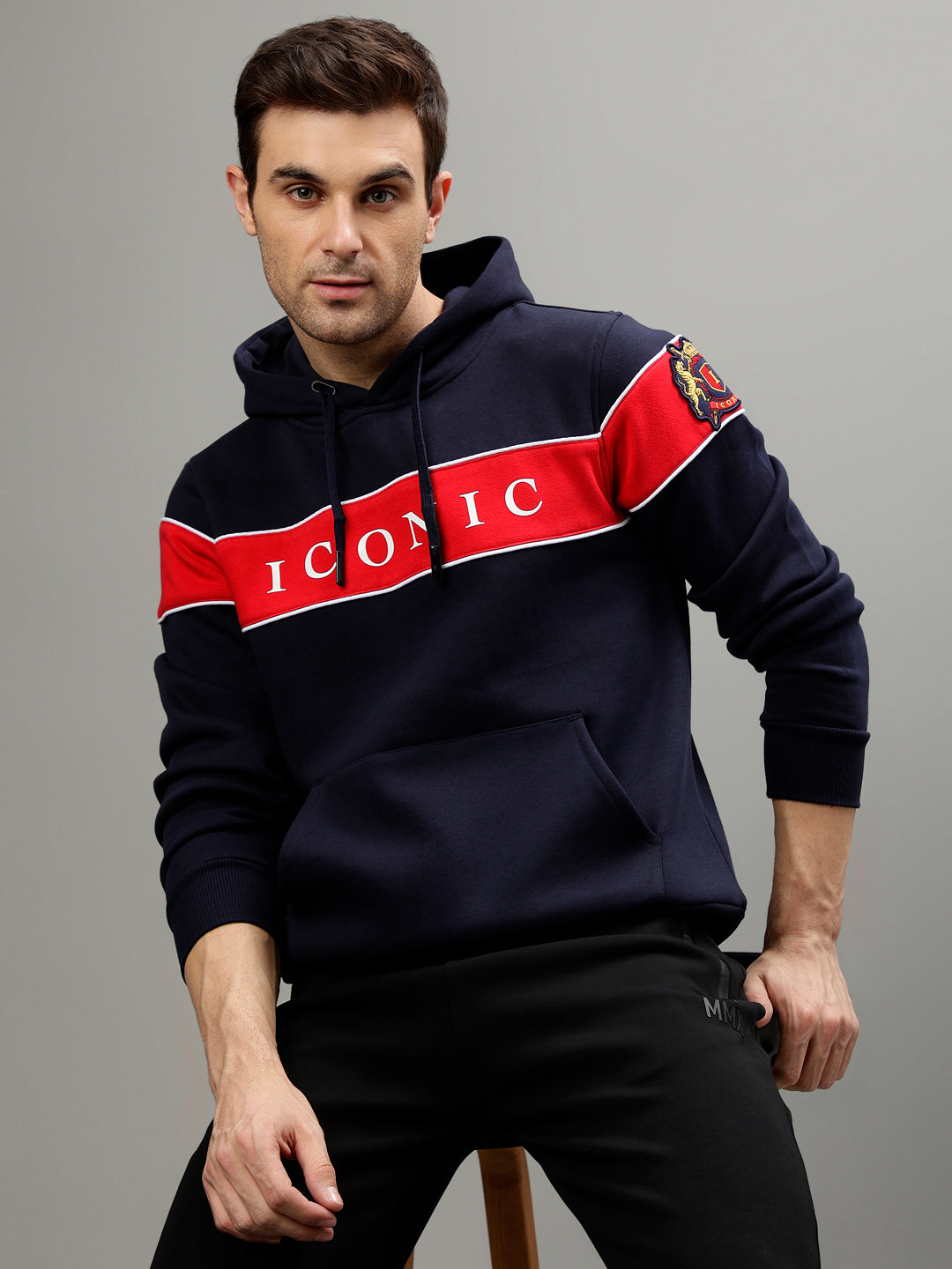 Iconic Men Navy Blue Colorblocked Hooded Full Sleeves Sweatshirt