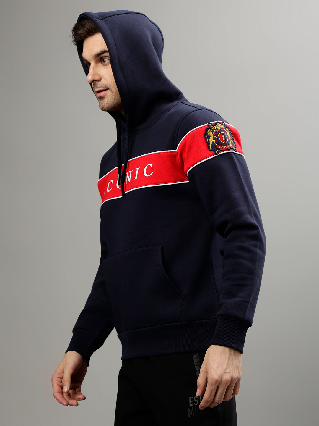 Iconic Men Navy Blue Colorblocked Hooded Full Sleeves Sweatshirt