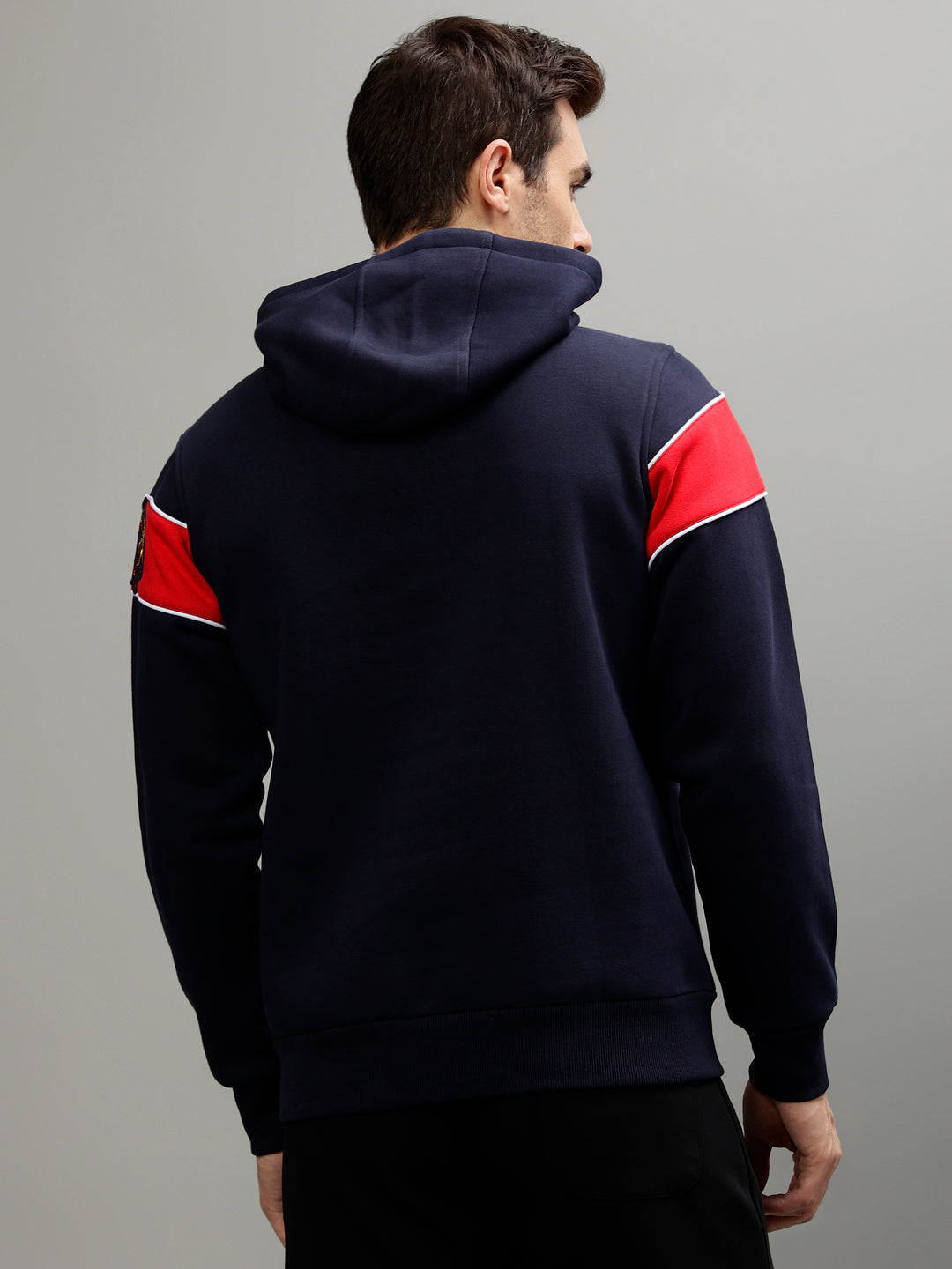 Iconic Men Navy Blue Colorblocked Hooded Full Sleeves Sweatshirt