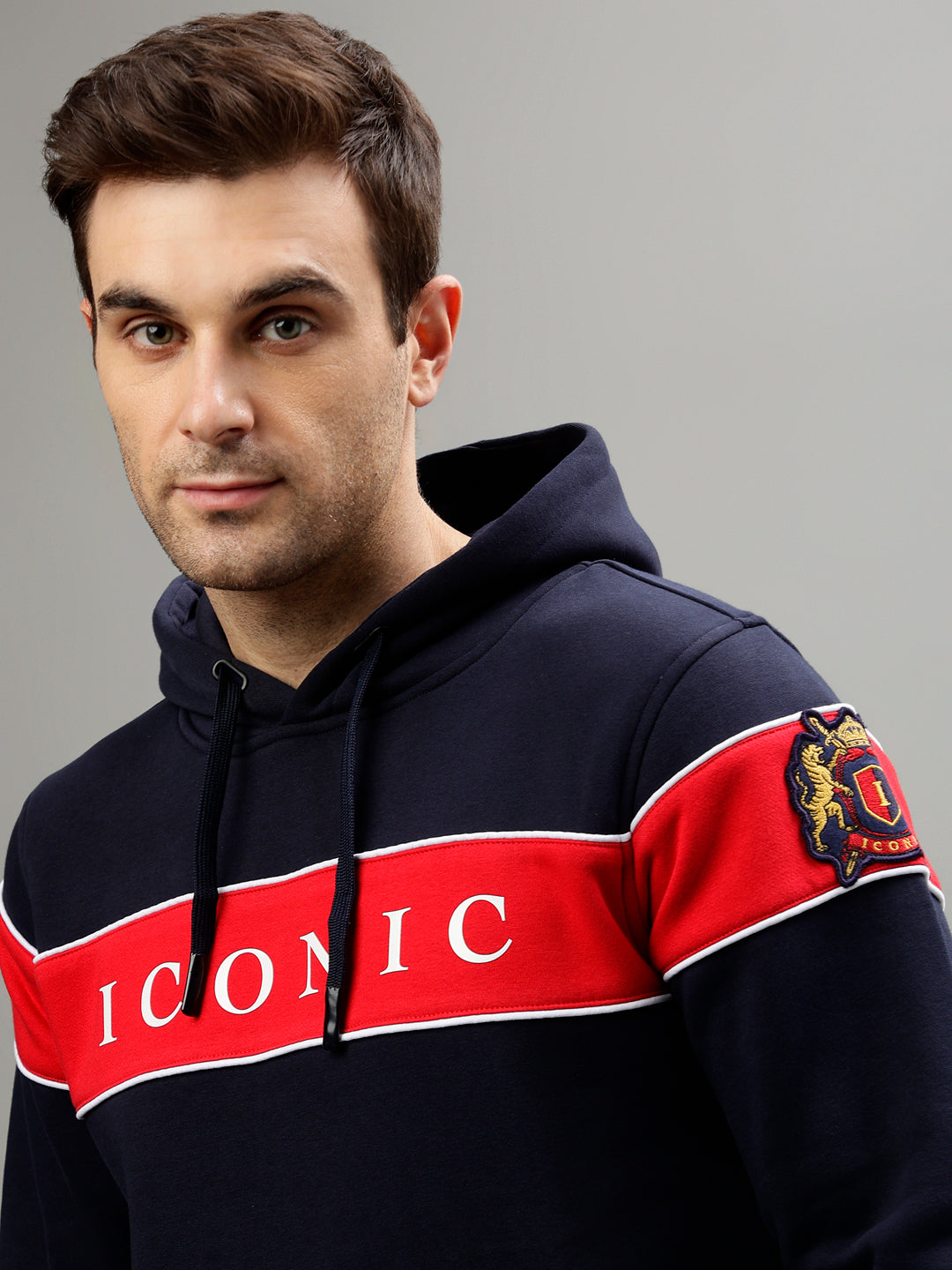 Iconic Men Navy Blue Colorblocked Hooded Full Sleeves Sweatshirt